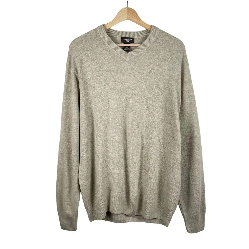 y2k Dockers Mens Cream Diamond Plaid Grandpa Sweater V Neck - Size XL